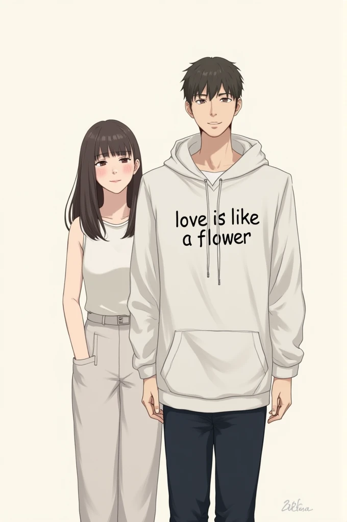 A casual and relaxed image featuring two people standing next to each other. The person on the left is a woman wearing a white sleeveless top and has straight, shoulder-length hair. The person on the right is a man wearing a hoodie with the text ‘LOVE IS LIKE A FLOWER’ printed on it. The background is plain and minimalist.”