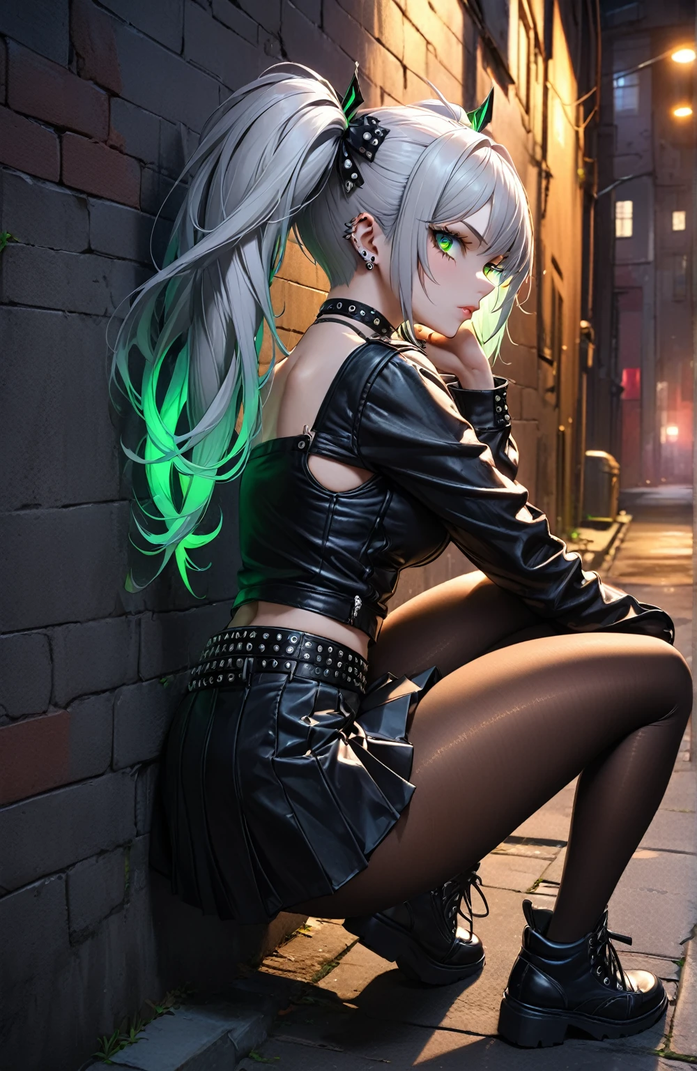 Ultra high resolution, rich colors, perfect image, top quality, detailed image, beautiful woman, glowing skin, skin and clothing texture, delicate eyes, back alley at night, punk gal, punk girl, choker, tight skirt, pantyhose, one knee up, leaning against wall, full body, silver hair twin tail, green eyes