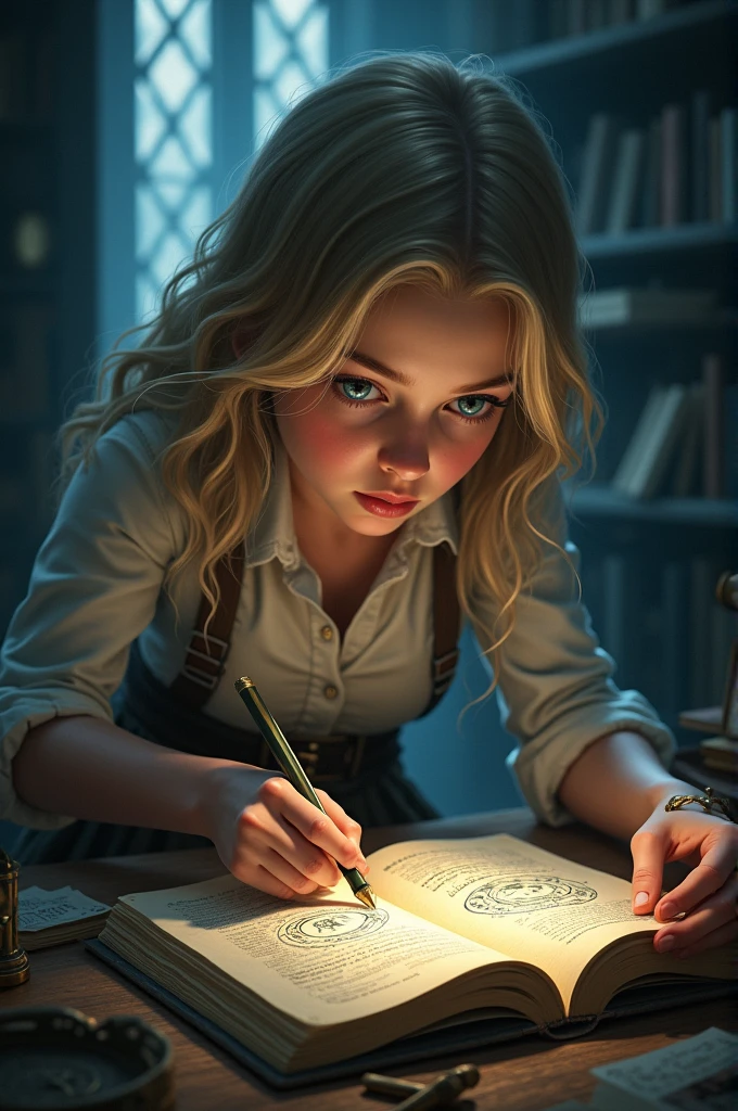 Jeune fille blonde aux yeux bleus qui essaye de résoudre des énigmes