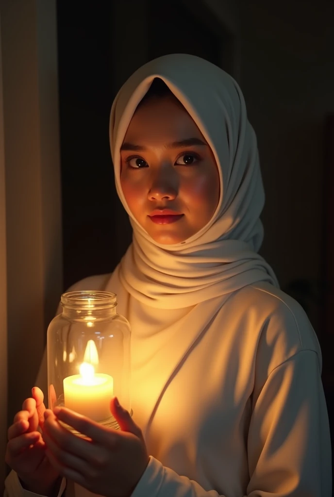 (photorealism:1.2),(Masterpiece) Create an image of a young Indonesian woman wearing a hijab and a white traditional dress. She is Smile , She is holding a glass coffe, With table lamp with a burning candle inside, casting a warm glow on her face. The background lanscape is dimly lit, suggesting an evening or night setting, with soft, ambient light highlighting her gentle smile and serene expression." Ultra HD , Nature Shoot, real Photografy