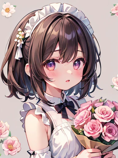 (Highest qualityのイラスト:1.2), (cute女の子:1.1), (One Girl:1.5, solo:1.5)、One Pose、Upper body、Close-up、(Highest qualityのイラスト:1.2), (cute女の子:1.1), (One Girl, solo:1.5), (One Girl、、Childish、One Pose、cute、A clean image、((One Girl、solo)), (Highest qualityのイラスト:1.2), (cute女の子:1.1), (One Girl, solo:1), (Small breasts、Ultra-detailed目:1.2)、Brown Hair、short hair、Wavy Hair、Curly Hair、Low twin tails、break(Highest quality、Ultra-detailed、Very detailed and beautiful、Ultra-high resolution、Detailed arms:1.2) (waitress、),Laughter、break(Highest quality、Ultra-detailed、Very detailed and beautiful、Ultra-high resolution、Detailed arms:1.2),Floral Background、((holding a large bouquet of flowers in each hand)),