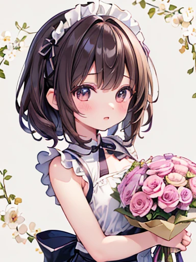 (Highest qualityのイラスト:1.2), (cute女の子:1.1), (One Girl:1.5, solo:1.5)、One Pose、Upper body、Close-up、(Highest qualityのイラスト:1.2), (cute女の子:1.1), (One Girl, solo:1.5), (One Girl、、Childish、One Pose、cute、A clean image、((One Girl、solo)), (Highest qualityのイラスト:1.2), (cute女の子:1.1), (One Girl, solo:1), (Small breasts、Ultra-detailed目:1.2)、Brown Hair、short hair、Wavy Hair、Curly Hair、Low twin tails、break(Highest quality、Ultra-detailed、Very detailed and beautiful、Ultra-high resolution、Detailed arms:1.2) (waitress、),Laughter、break(Highest quality、Ultra-detailed、Very detailed and beautiful、Ultra-high resolution、Detailed arms:1.2),Floral Background、((holding a large bouquet of flowers in each hand)),