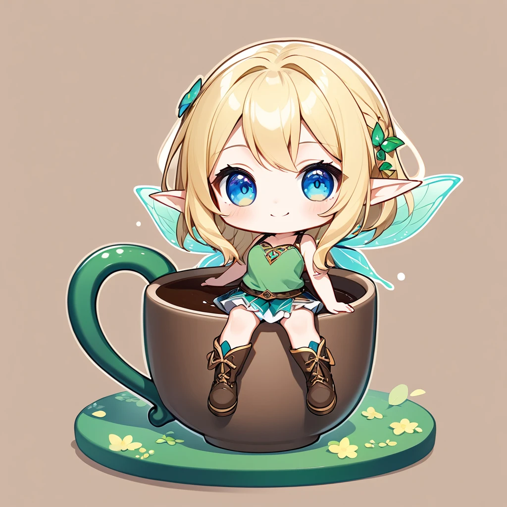 Chibi Cute, 1girl, solo, full body, A fairy-sized elven lady is sitting on the edge of an empty mug, looking up at the viewer and smiling. long blonde hair, blue eyes. green tube top and mini skirt, short boots, simple background
