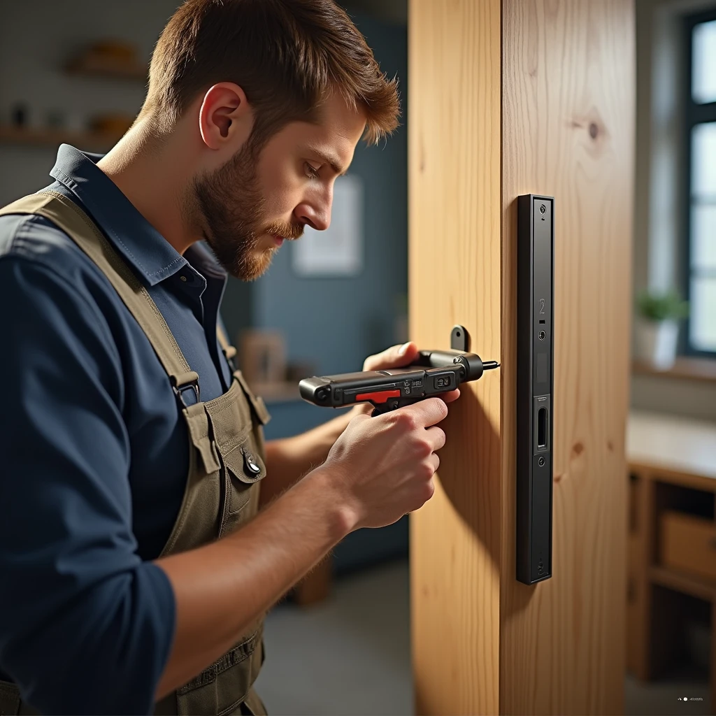 A realistic and professional scene showing a skilled worker installing a magnetic lock into a door. The setting is a modern, well-lit workshop or home interior. The worker, wearing professional work attire, is focused on the task, using precise tools like a drill and chisel to carefully fit the magnetic lock into the edge of the wooden door. The close-up shot emphasizes the detailed work of inserting the lock, showing the alignment of the lock mechanism with the door. The background includes a tidy workbench with additional tools and materials related to the installation process. The overall atmosphere conveys a sense of precision, craftsmanship, and professionalism.