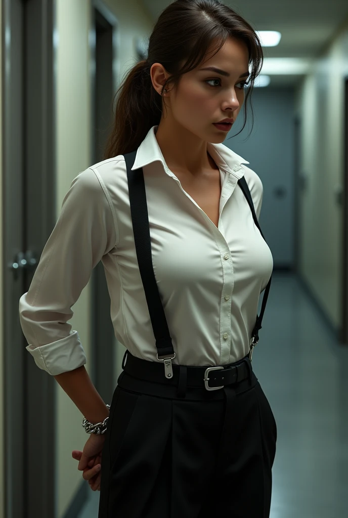 a woman in a suit, belt, hands behind back, sweating, suspenders, black pants, sexly, large breasts, see-through clothing,, detective, office worker, white button-up shirt, (best quality,4K,8k,highres,masterpiece:1.2),ultra-detailed,(realistic,photorealistic,photo-realistic:1.37),hyper-detailed,highly detailed face and body, Slender thin suspenders Moderate breasts See-through shirt Nipples holster chain Pistol Armament criminal Female criminal knife japanese profile Japanese women arrested handcuff Cable tie on thumb Restraint Fingercuffs A woman has her hands tied、put your hands behind your back、(((I clasped my hands behind my back)))