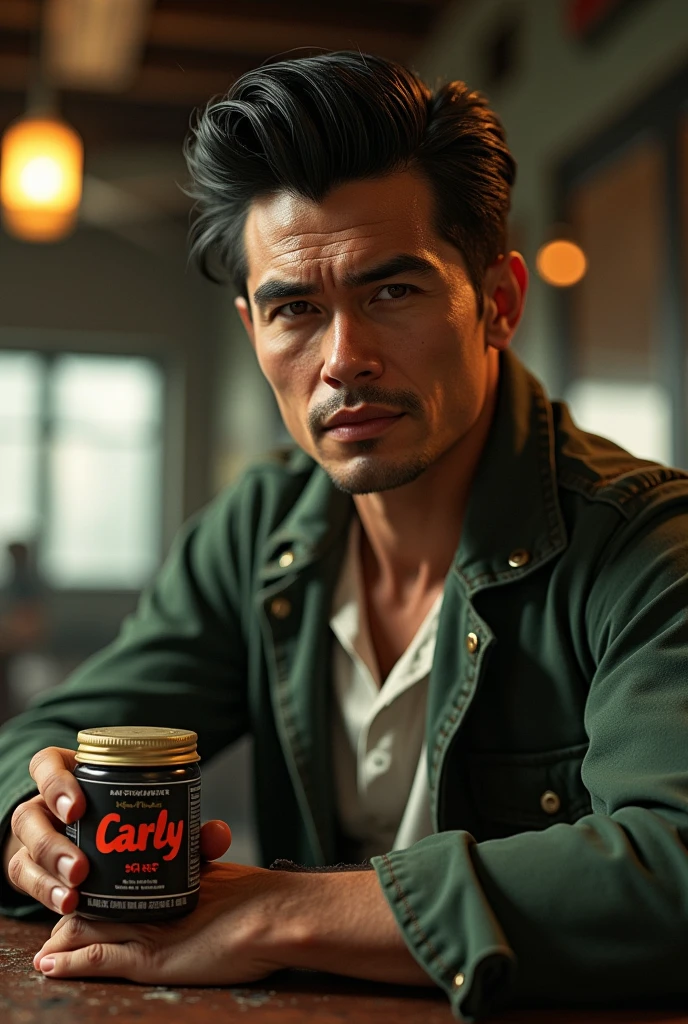 Carly hair pomade brand in fallout style 50s male person 