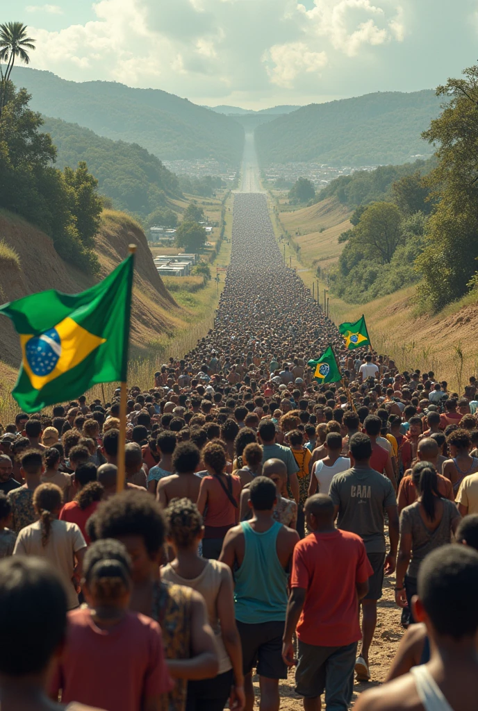 Create an image in a scenario where Brazil is bankrupt and there is a large immigration of people in masses to Paraguay to try a better life, with people carrying the Brazilian flag and the Paraguayan flag