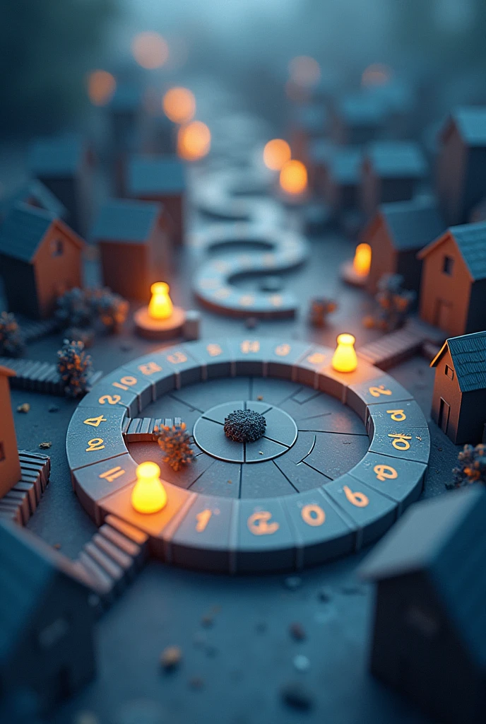 I need a 2D board game that fits on an A4 sheet of paper., the path will be a track, where the houses go from 1 to 40, around the track, have houses, some with normal light, and others without energy,