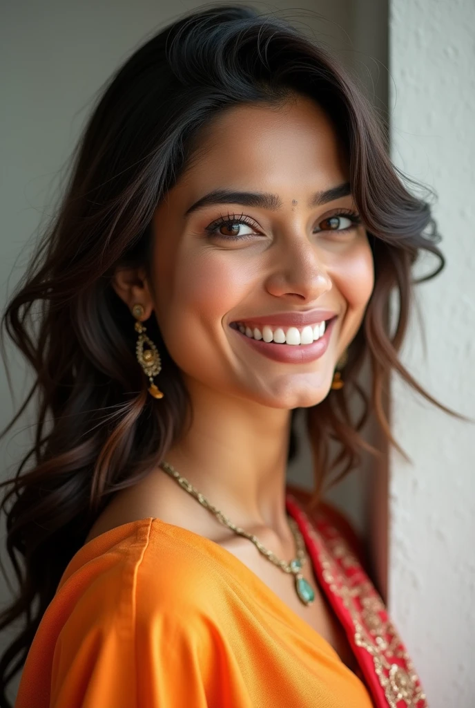 There is a young, Beautiful indian woman, who looks to the future like Katrina Kaif, Smiles into the camera, beautiful teeth, She looks into the camera, a portrait from raw photo, body, conservative modern color dress, ((modern hair style)),