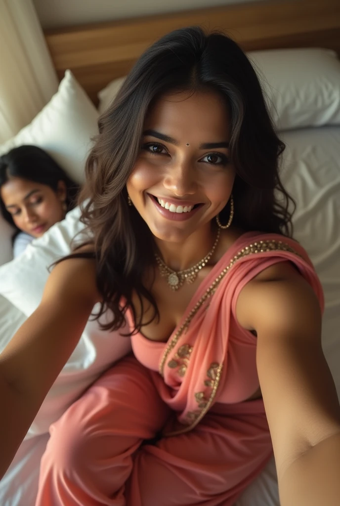 Perfect  Indian sexy fittest wife with embroidered soft net saree, embroidered, HDR, 8k, hyper detailed, best quality, ultra-high resolution, HDR, 8k, sitting  on the bed and taking selfie , a woman sleeping beside her look at viewer, waist level view, bright smile, casual pose ,  average body with 36 D size breasts,26 hip size and 36 waist size