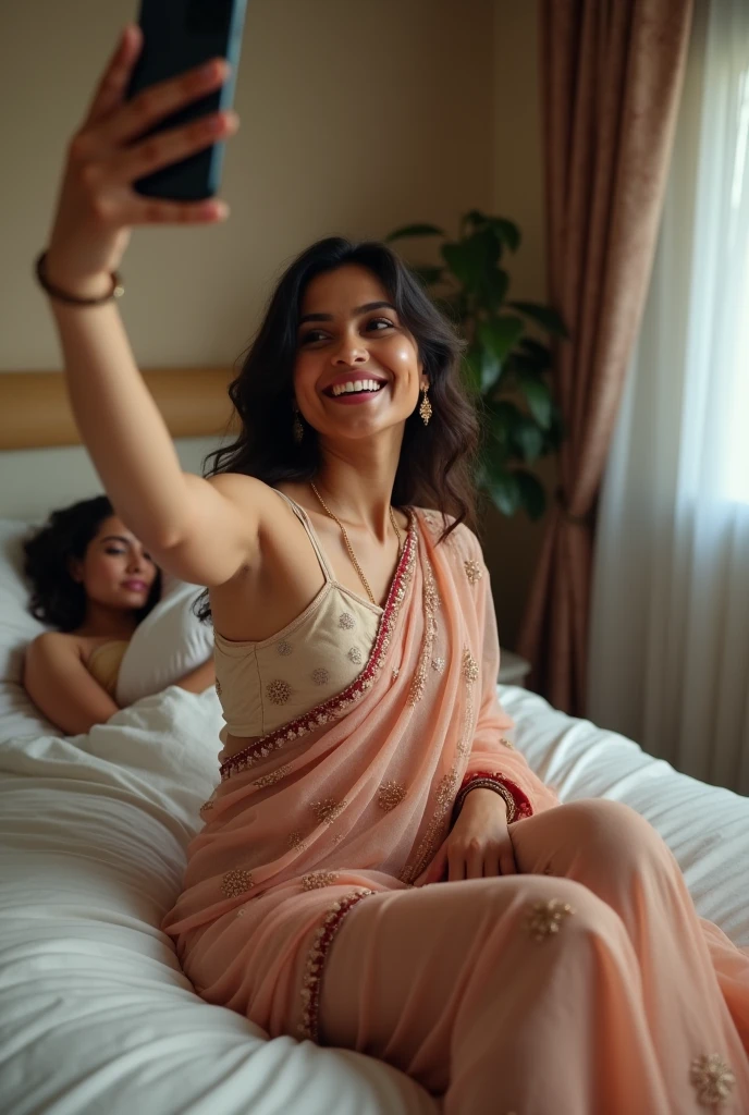 Perfect Indian sexy fittest wife with embroidered soft net saree, embroidered, HDR, 8k, hyper detailed, best quality, ultra-high resolution, HDR, 8k, sitting on the bed and taking selfie , a woman sleeping beside her look at viewer, waist level view, bright smile, casual pose , average body with 36 D size breasts,26 hip size and 36 waist size