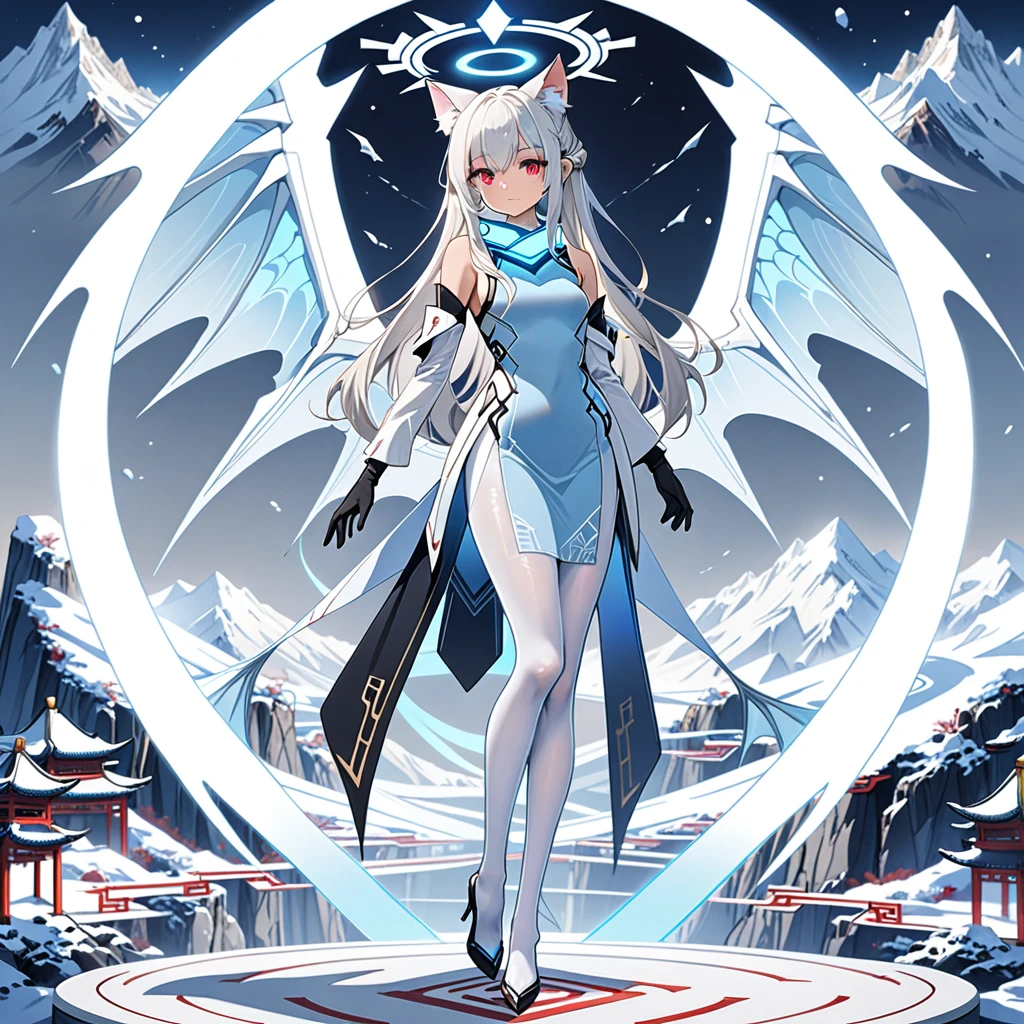 masterpiece, highest quality, highest resolution, clear_image, detailed details, white hair, long hair, 1 girl, cat ears, red eyes, futuristic halo, white sci-fi china dress, detached sleeves with black gloves,  white scarf (around the neck withn a light blue glow), 12 white futuristic dragon wings, white pantyhose, full body, no water marks, snowy mountain