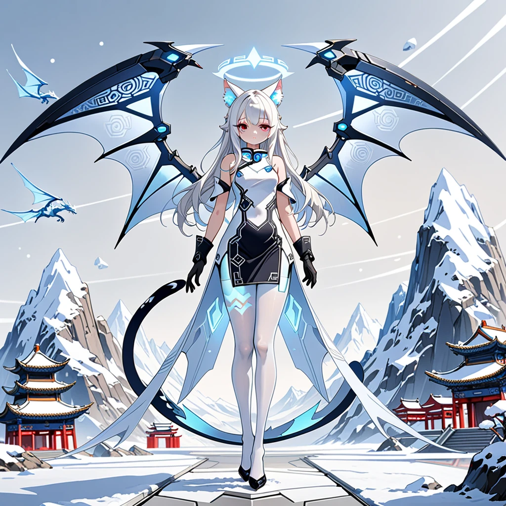 masterpiece, highest quality, highest resolution, clear_image, detailed details, white hair, long hair, 1 girl, cat ears, red eyes, futuristic halo, white sci-fi china dress, detached sleeves with black gloves,  white scarf (around the neck withn a light blue glow), 12 white futuristic dragon wings, white pantyhose, full body, no water marks, snowy mountain