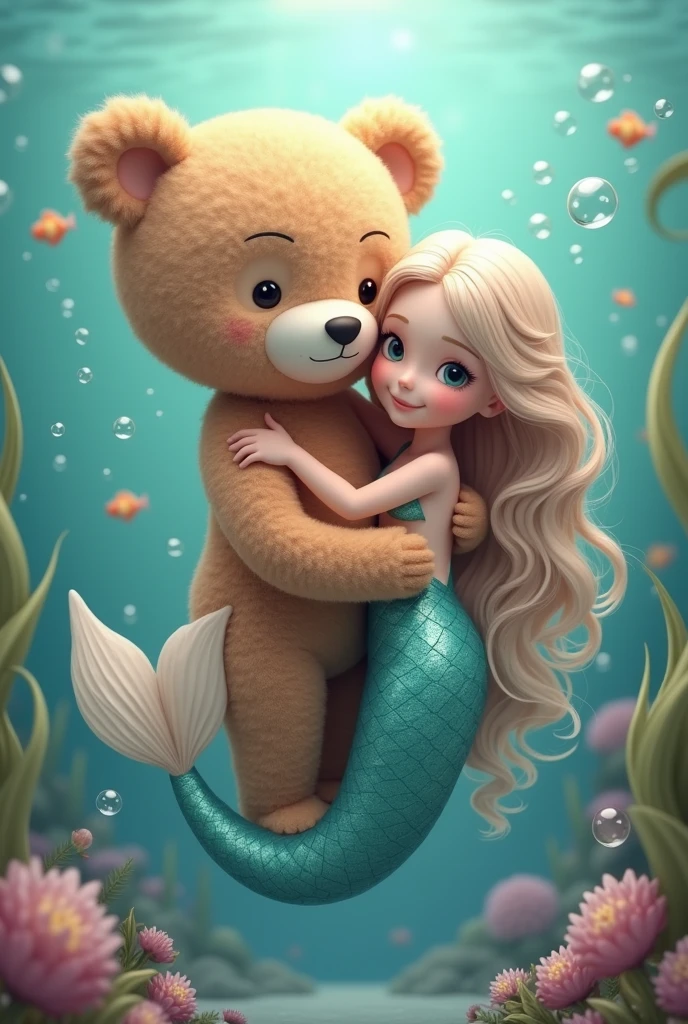 A cute teddy hugging a mermaid