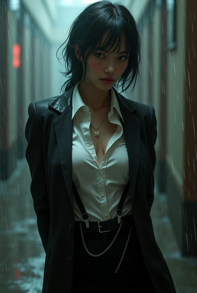 a woman in a suit, belt, hands behind back, sweating, suspenders, black pants, sexly, large breasts, see-through clothing, rain, detective, office worker, white button-up shirt, (best quality,4K,8k,highres,masterpiece:1.2),ultra-detailed,(realistic,photorealistic,photo-realistic:1.37),hyper-detailed,highly detailed face and body, Slender thin suspenders Moderate breasts See-through shirt Nipples holster chain Pistol Armament criminal Female criminal knife