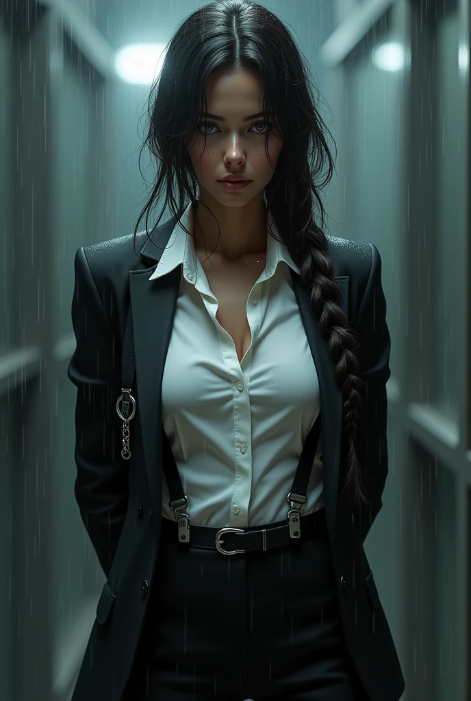 a woman in a suit, belt, hands behind back, sweating, suspenders, black pants, sexly, large breasts, see-through clothing, rain, detective, office worker, white button-up shirt, (best quality,4K,8k,highres,masterpiece:1.2),ultra-detailed,(realistic,photorealistic,photo-realistic:1.37),hyper-detailed,highly detailed face and body, Slender　thin　suspenders　Moderate breasts　See-through shirt　Nipples　holster　chain　Pistol　Armament　criminal　Female criminal　knife
