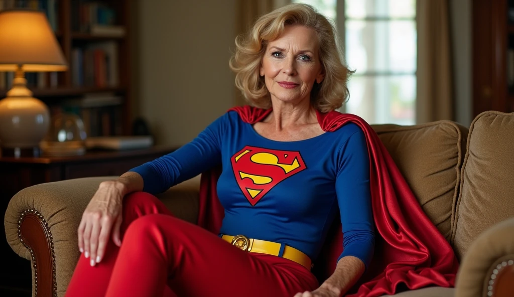 Old Supergirl Julie Hagerty(((very sexy, beautiful and strong old Supergirl (((1984s Supergirl movie costume))); Julie Hagerty))) Super old woman Julie Hagerty; full body view; full body; stretched in the air, confident, powerful, indestructible, attractive, sentada em um sofá