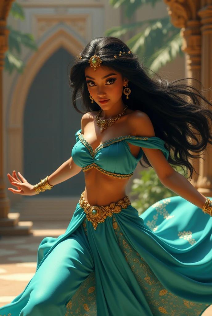 Stunning Princess Jasmine, photo in 8k, in action, cinematic.