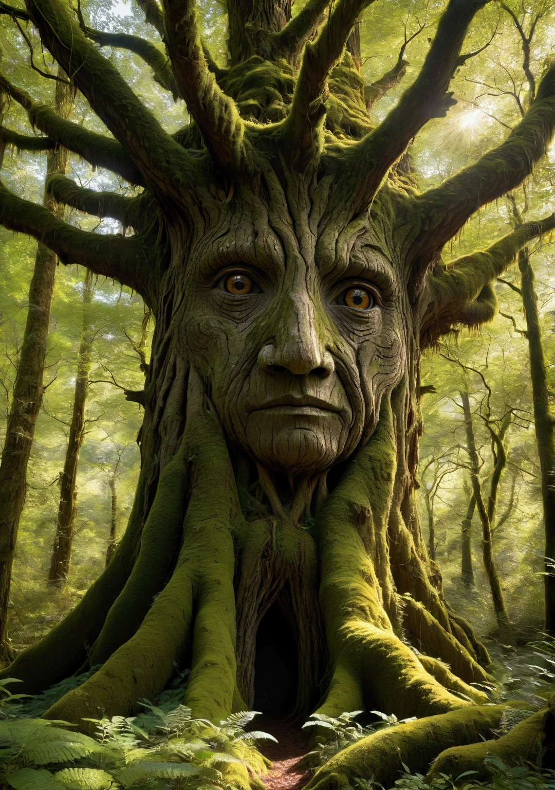A towering Ent standing in the heart of an ancient forest, with bark-like skin, deep-set eyes, and branches forming a crown-like head. The Ent is surrounded by dense foliage, with shafts of sunlight filtering through the leaves. Smaller, younger trees seem to lean toward the Ent as if under its protection, and the forest floor is covered in moss and roots.