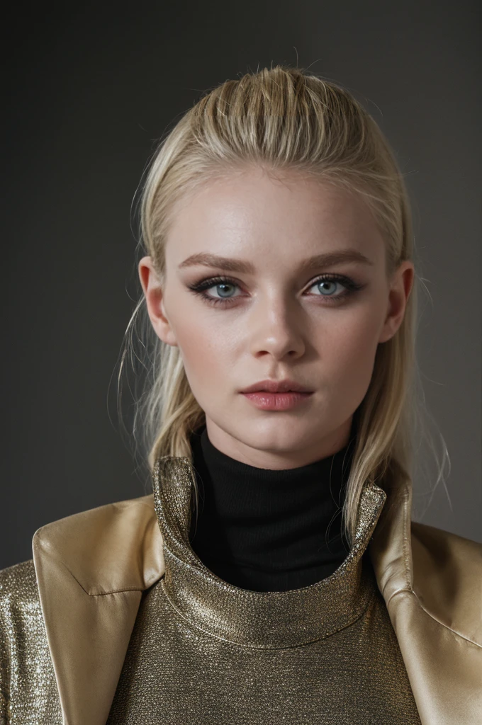 Best quality at best,tmasterpiece,ultra high resolution,(realness:1.4),RAW photogr,Cinematic texture,1 cool girl,blonde,Dressed in turtleneck,black long coat,standing in the plain background,looks into camera,fashion photoshoot, fashion model,