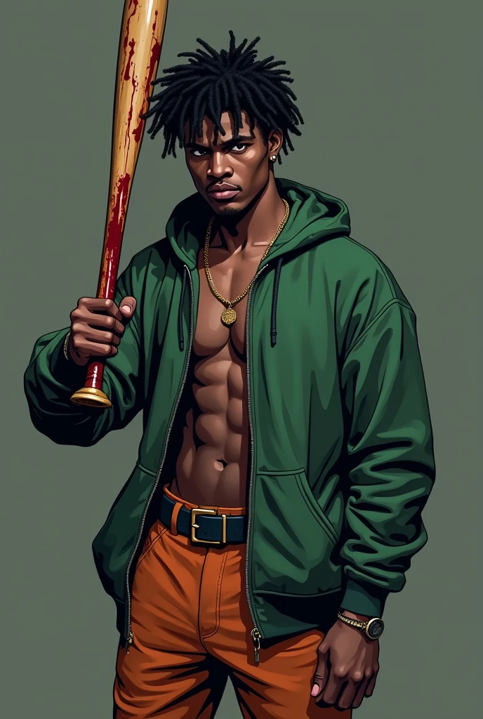 generate a black skinned male character with light tone, short straight hair with slight waves and dark, must be modeled in the style of 1980&#39;s drawing , he will be holding a baseball bat with bloody nails, his outfit should be a green kangaroo-style hoodie and dark orange pants, add light and shadow, the background should be dark gray 
  