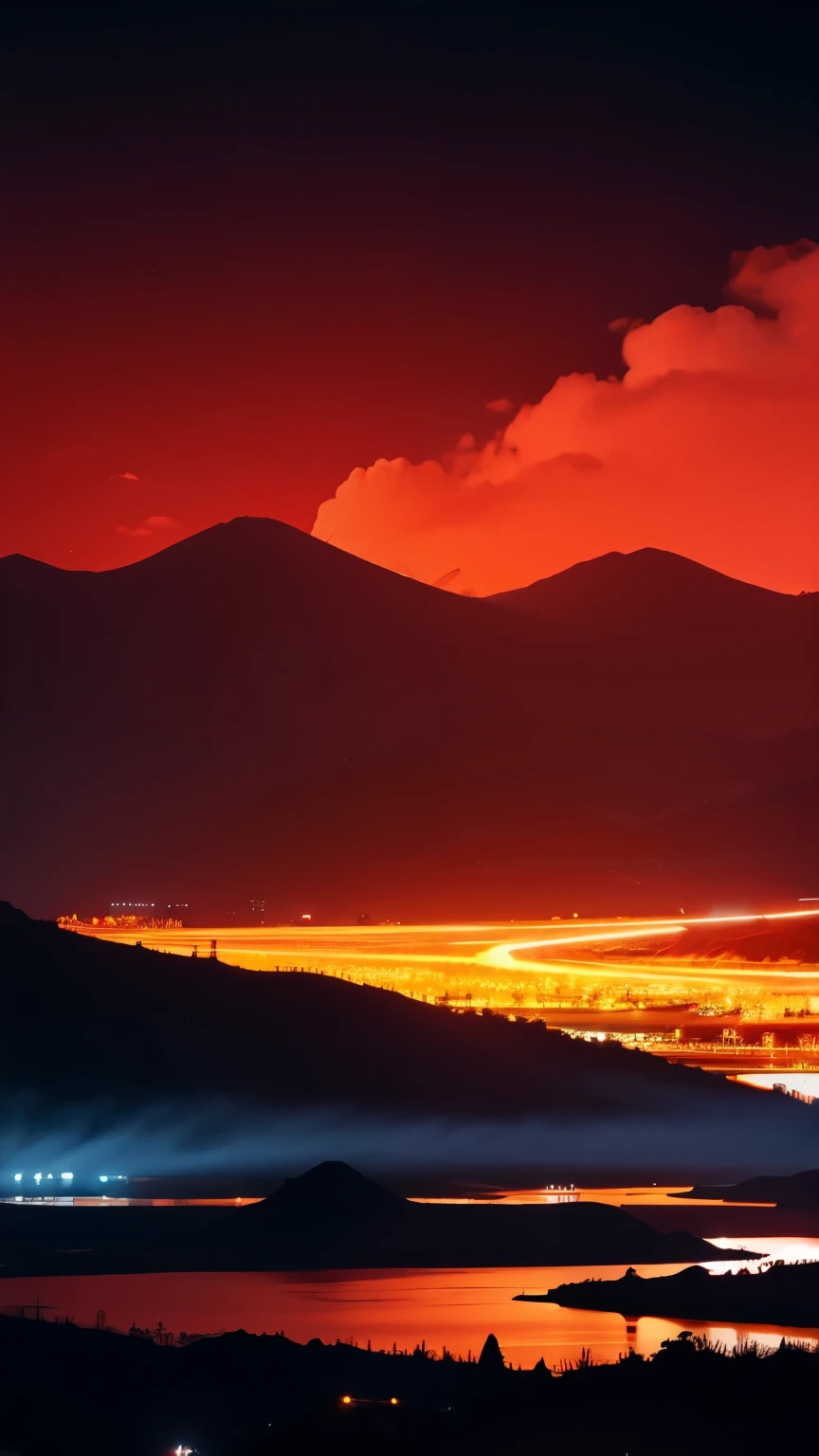 there is a huge chinese palace shining brightly in the center of the picture,cumulus clouds with lines in the sky,The cover of the Chinese landscape,with dense black and white lines forming mountains and rivers,with a red background at the top,a strong color contrast,