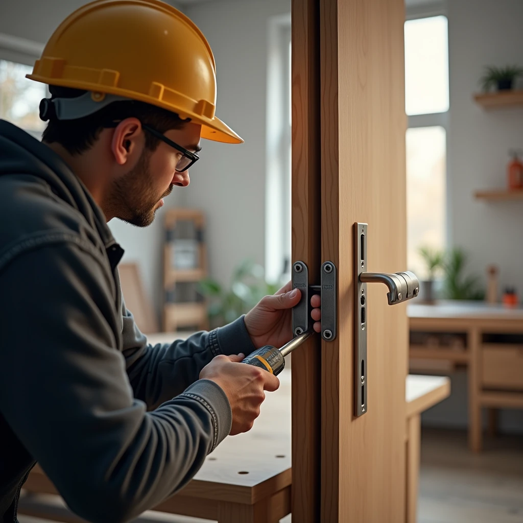 A realistic and professional scene showing a skilled worker installing a magnetic lock into a door. The setting is a modern, well-lit workshop or home interior. The worker, wearing professional work attire, is focused on the task, using precise tools like a drill and chisel to carefully fit the magnetic lock into the edge of the wooden door. The close-up shot emphasizes the detailed work of inserting the lock, showing the alignment of the lock mechanism with the door. The background includes a tidy workbench with additional tools and materials related to the installation process. The overall atmosphere conveys a sense of precision, craftsmanship, and professionalism.