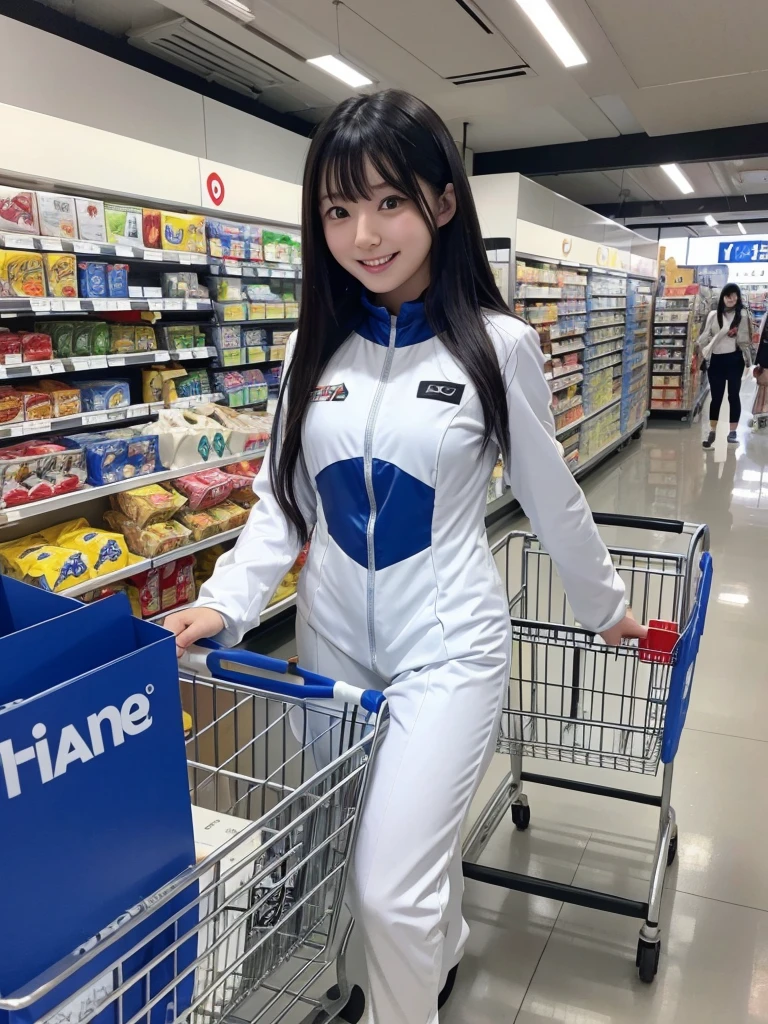 Japanese female android,Black Hair,White and blue robot suit,Plump,Walking through the food section of a department store,smile,Pushing the shopping cart