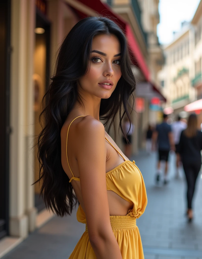 Show a full-body shot of a gorgeous model with shiny black hair in a trendy, revealing summer dress. She is elegantly posed in front of a luxurious boutique on a high-end shopping street. The background features upscale stores with elegant window displays, stylish pedestrians, and a picturesque cityscape with historical architecture