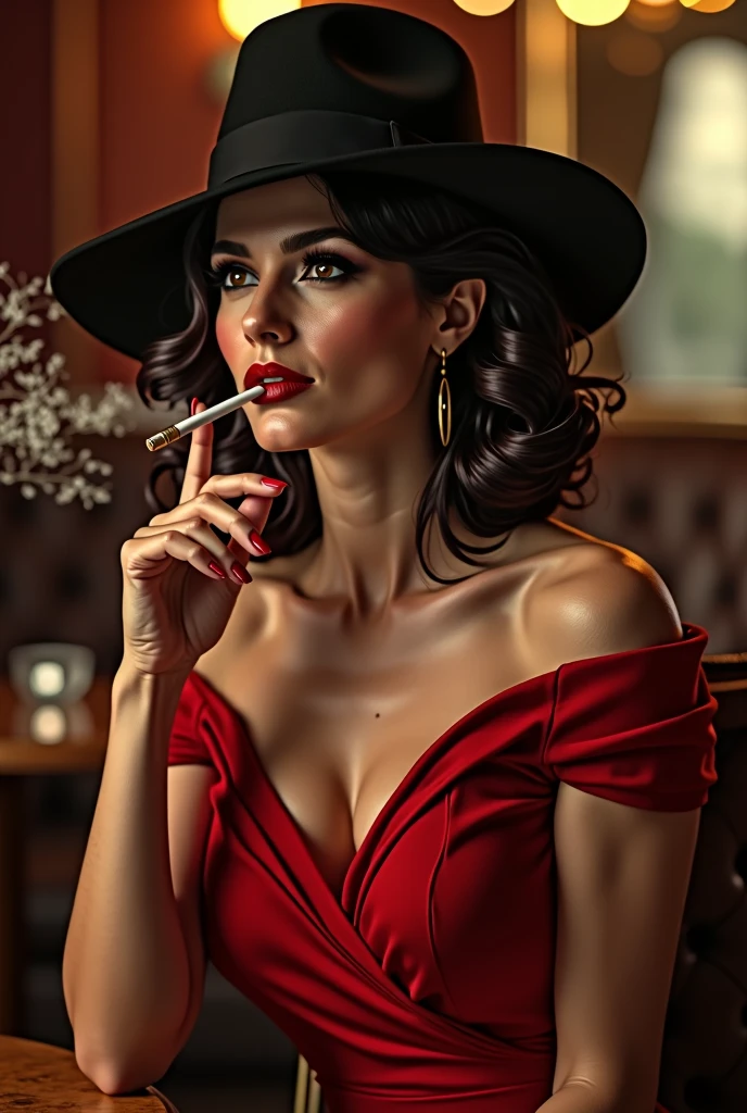 Woman 40s brunette with hat red elegant dress, smoking and 100% real
