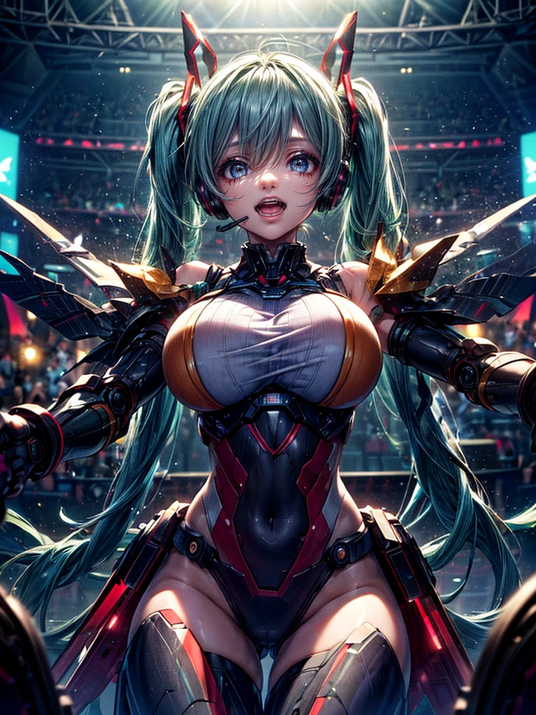 High resolution, Winner of numerous awards, Ultra high definition, Textured skin, retina,
masterpiece,(bestquality),highlydetailed,ultra-detailed,1girl, (A composition where a girl with giant roboT 1.4)(roboT)(,natural lighting:1.5,confidentexpression),(panorama:1.2),mecha, smile,angle、chrome,raw(Hatsune Miku:1.5)Green hair twintails.(Headset microphone、Enthusiastic singing、smile:1.5)(LIVE Stage:1.5)(A large crowd:1.5)(Acrobatic Angles:1.5)