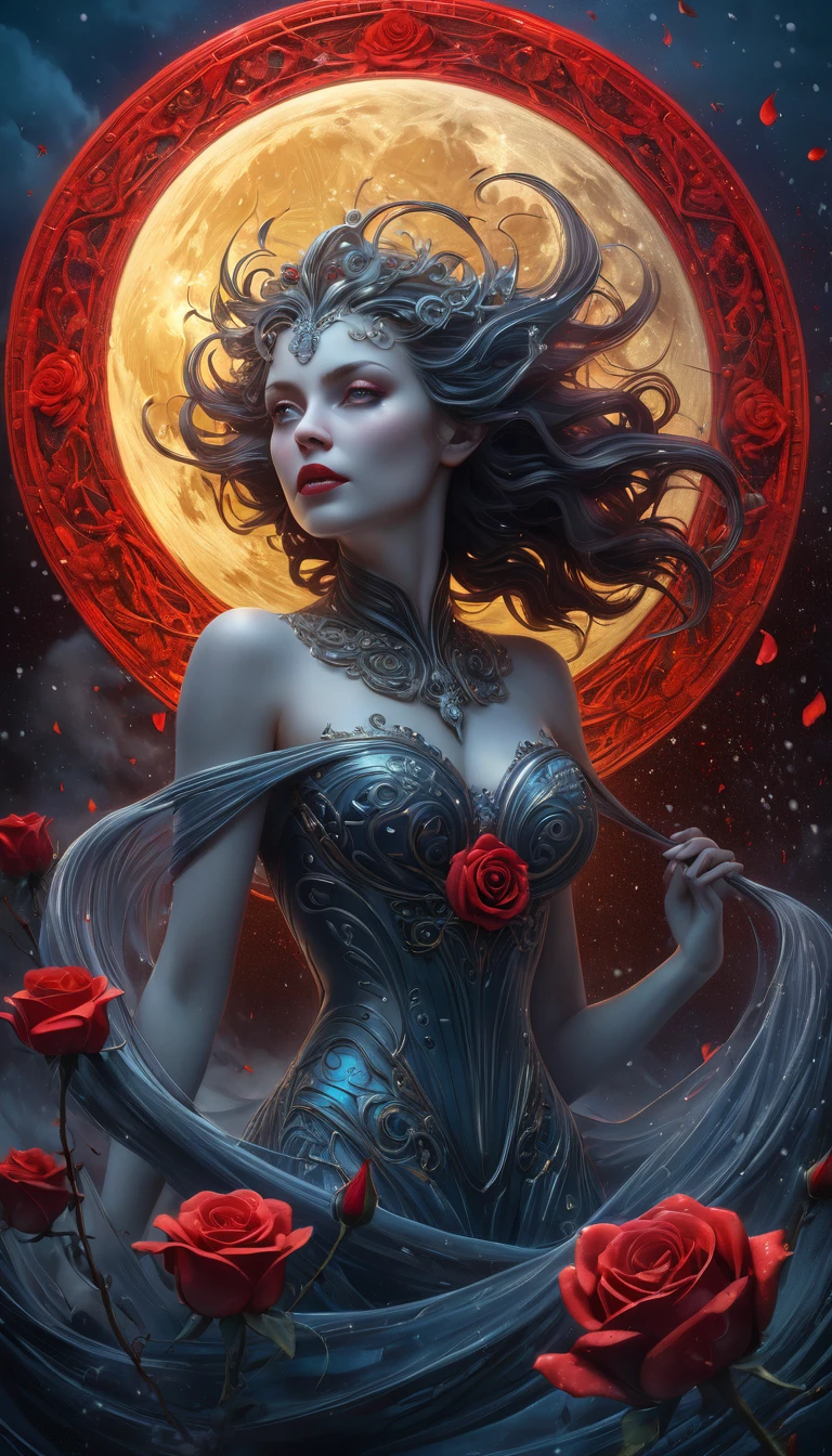 beautiful body, octane render, cinematic, ultra-high-detail, cinematic, 32k, process colors, winter, snowfall, luminous, detailed oil painting by Dorian Vallejo, Damian Lehoshest, Todd Lockwood, cgsociety, storybook illustration, scary scary face, highly detailed skin, intricately ornate, filigree detailed glowing unusual gentle fog, drops of color, very large moon, moonlight, stars, night. detailed sky with clouds, highly detailed, intricate, intricate pose, oil painting, thick strokes, masterpiece, high quality, Van Gogh starry sky, centered, perfect composition, Red rose, velvet red petals, water drops on petals, carved petals, luminous flower, light good fairy, spectacular lighting, glitter, sun rays. smoke, glitter, stained glass, sci-fi, complex art masterpiece, sinister, matte film poster, golden ratio, trending on cgsociety, complex, epic, trending on artstation, by artgerm, H. R. Giger and Beksinsky, highly detailed, vivid, cinematic character drawing, super high quality model