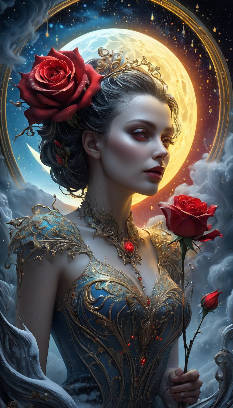 beautiful body, octane render, cinematic, ultra-high-detail, cinematic, 32k, process colors, winter, snowfall, luminous, detailed oil painting by Dorian Vallejo, Damian Lehoshest, Todd Lockwood, cgsociety, storybook illustration, scary scary face, highly detailed skin, intricately ornate, filigree detailed glowing unusual gentle fog, drops of color, very large moon, moonlight, stars, night. detailed sky with clouds, highly detailed, intricate, intricate pose, oil painting, thick strokes, masterpiece, high quality, Van Gogh starry sky, centered, perfect composition, Red rose, velvet red petals, water drops on petals, carved petals, luminous flower, light good fairy, spectacular lighting, glitter, sun rays. smoke, glitter, stained glass, sci-fi, complex art masterpiece, sinister, matte film poster, golden ratio, trending on cgsociety, complex, epic, trending on artstation, by artgerm, H. R. Giger and Beksinsky, highly detailed, vivid, cinematic character drawing, super high quality model