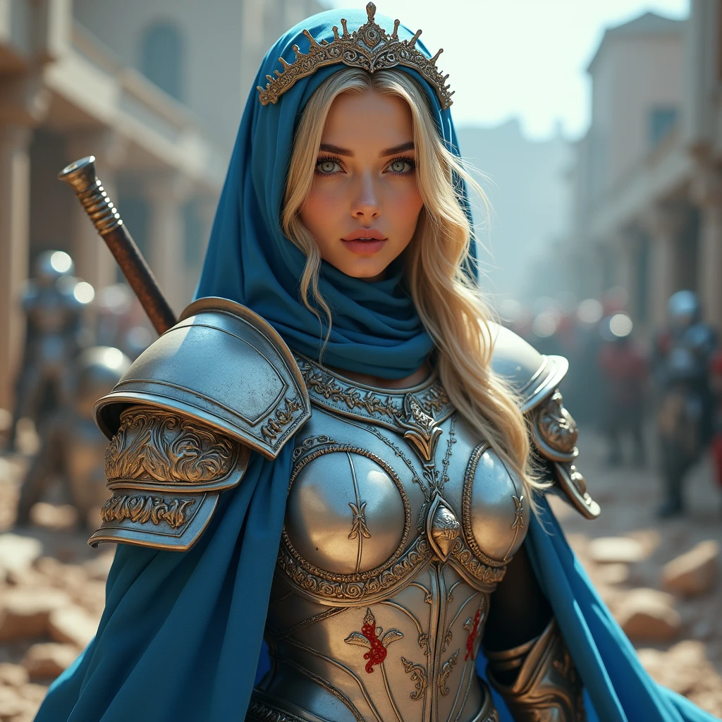 ((Best quality)), ((masterpiece)), (highly detailed:1.3),a woman wearing silver armor, long hair. Holding a luxury sword, armor damaged war scene, super cute face, super slim body, super slim, small waist, super perfect huge breast, perfect huge  breast, smooth skin, silky hair, blue eye, , red robe,blue  hijab with a princess crown , luxury red pattern armor,  blonde, fighting style, red lips, blushing, erect nipples ,  (((pendulous breast)) 