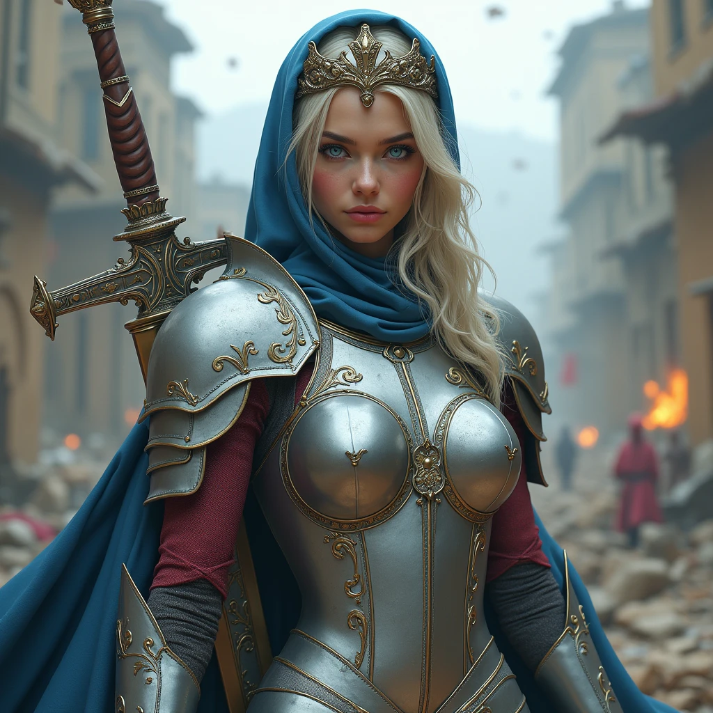 ((Best quality)), ((masterpiece)), (highly detailed:1.3),a woman wearing silver armor, long hair. Holding a luxury sword, armor damaged war scene, super cute face, super slim body, super slim, small waist, super perfect huge breast, perfect huge breast, smooth skin, silky hair, blue eye, , red robe,blue hijab with a princess crown , luxury red pattern armor, blonde, fighting style, red lips, blushing, erect nipples , (((pendulous breast))