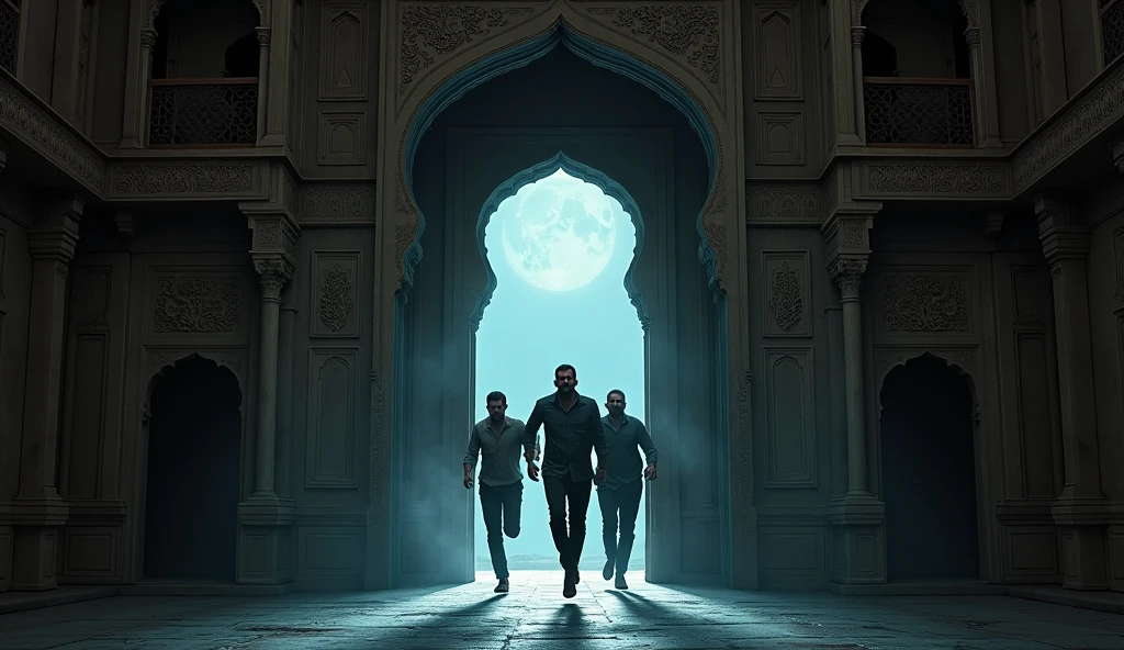 Three man bursting through the door, escaping into the night in the haveli. 