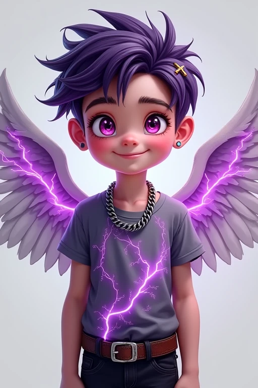 Smiling、A boy with shiny purple hair, mashed hair, reddish purple eyes, a grey T-shirt with a purple and black electric current pattern and a leather belt、黒のパンツスタイル
肌は白い
首からチェーンのネックレスを下げている
髪に十字架を模した髪飾りをつけている
背中には天使の翼
Smiling