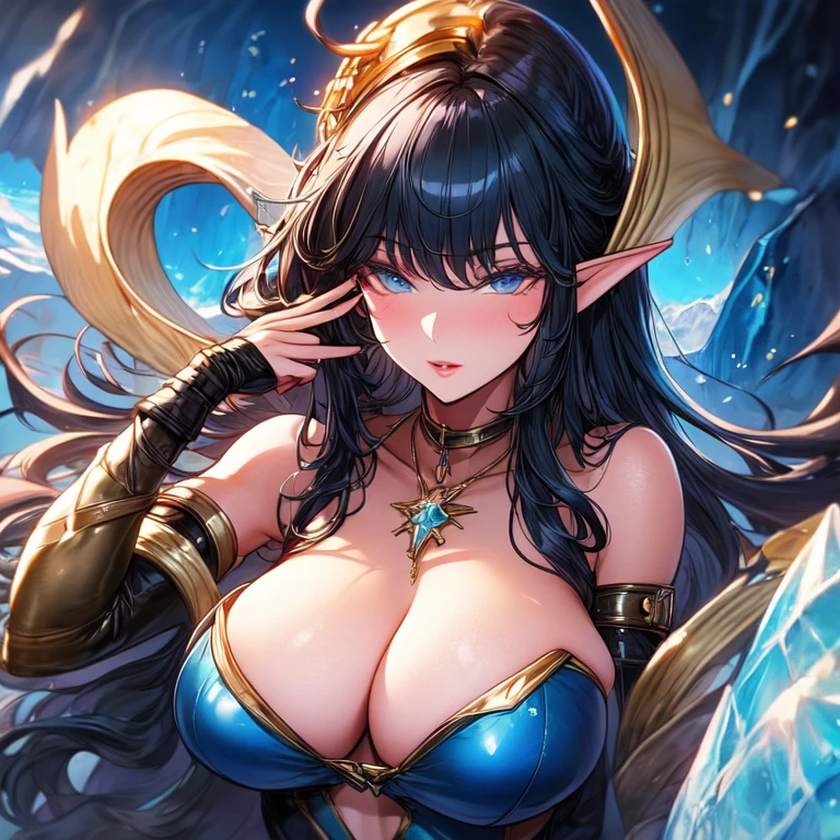 A sea elf with bluish skin , beautiful, , milf wblack hair, blue eyes and big breasthe background of an ice cave UHD, textured leather, super detail, high detail, high quality,
