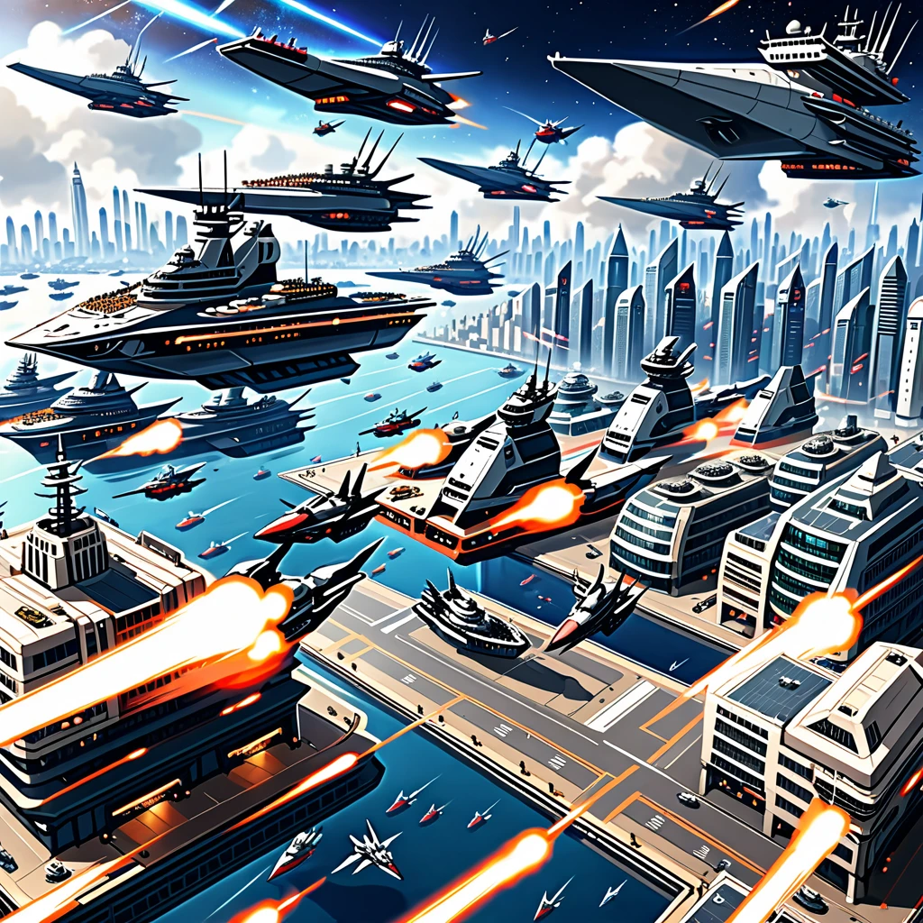 war ready city, with large space battle ships