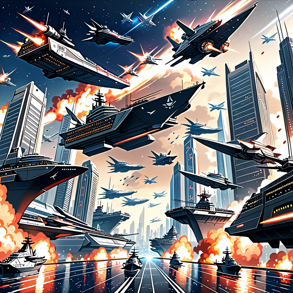 war ready city, with large space battle ships