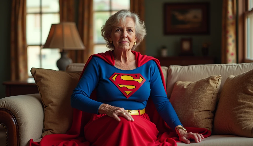 Old Supergirl Julie Hagerty(((very sexy, beautiful and strong old Supergirl (((1984s Supergirl movie costume))); Julie Hagerty))) Super old woman Julie Hagerty; full body view; full body; stretched in the air, confident, powerful, indestructible, attractive, sentada em um sofá