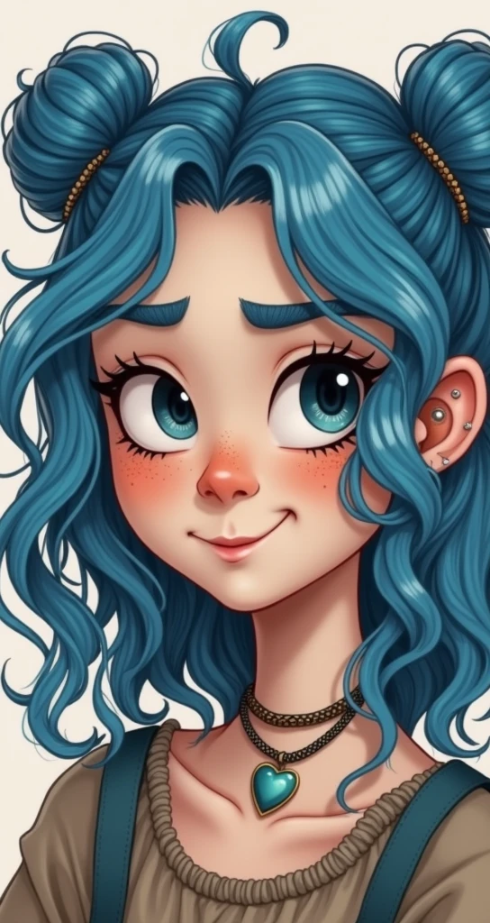 
	•	Hair: Her hair is blue and curly, with two buns positioned on top of her head, leaving the rest of her hair cascading down in loose waves. The vibrant blue color suggests a bold personality, possibly someone who enjoys standing out.
	•	Skin Tone: Her skin appears to be light with a warm undertone, and she has a natural, youthful complexion.
	•	Eyes: She has large, expressive eyes with thick, dark eyebrows that frame her face. The eyes are prominent, with a bright and lively appearance, indicating alertness and curiosity.
	•	Freckles: A scattering of freckles covers her cheeks and nose, giving her a playful and youthful appearance.
	•	Nose: She has a small, slightly upturned nose.
	•	Mouth: Her lips are full and slightly parted, with her tongue playfully sticking out, which adds to her quirky and fun-loving demeanor. She has a septum piercing, a ring in the center of her nose.

Accessories:

	•	Jewelry: She wears a choker necklace with a pendant shaped like a heart. The choker adds a touch of edginess to her look.
	•	Piercings: Besides the septum piercing, she also has small hoop earrings in her ears.

Clothing:

	•	Top: She is wearing a loose, casual top that seems comfortable, fitting her relaxed and laid-back style. The color of the top is earthy, possibly a light brown or beige, complementing her vibrant hair and accessories.

Overall Vibe:

	•	Personality: The overall appearance suggests that she is confident, creative, and not afraid to express herself through her style. The playful expression, vibrant hair color, and choice of accessories hint at someone with a fun and energetic personality who enjoys being unique.