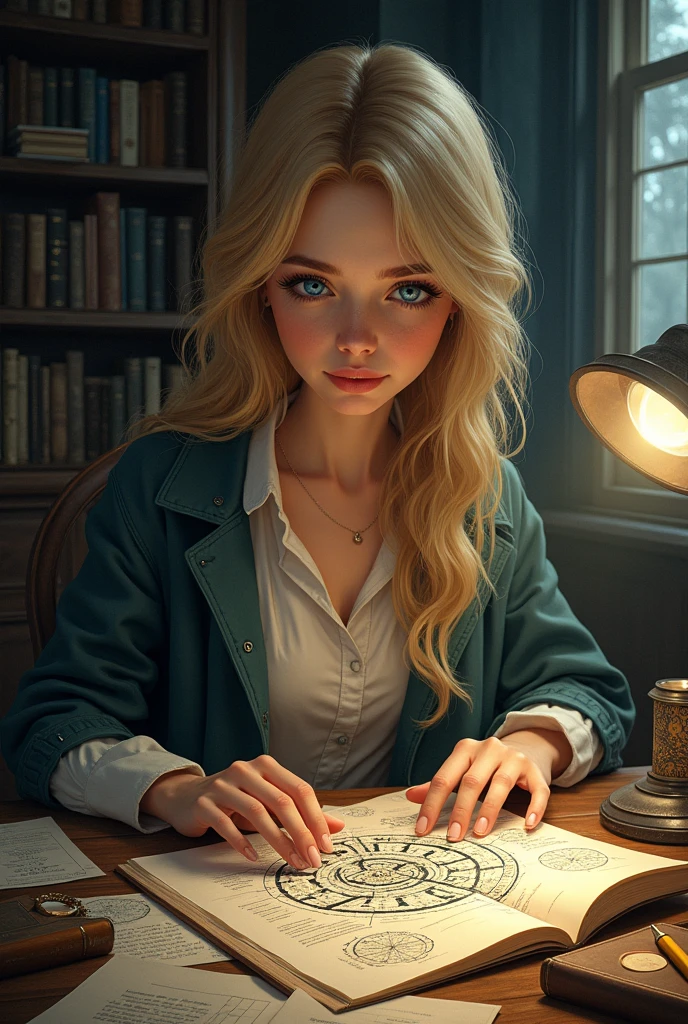 Jeune femme blonde aux yeux bleus qui essaye de résoudre des énigmes