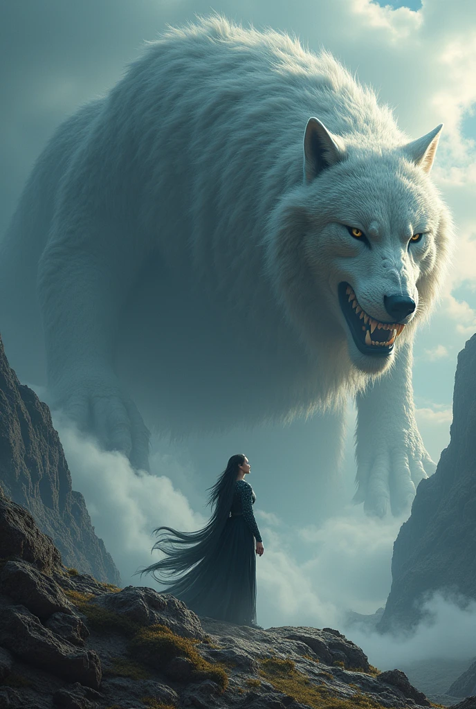 I want an epic image of fenrir, the giant wolf! jormungandr, the world serpent! And Hela, the goddess of death!