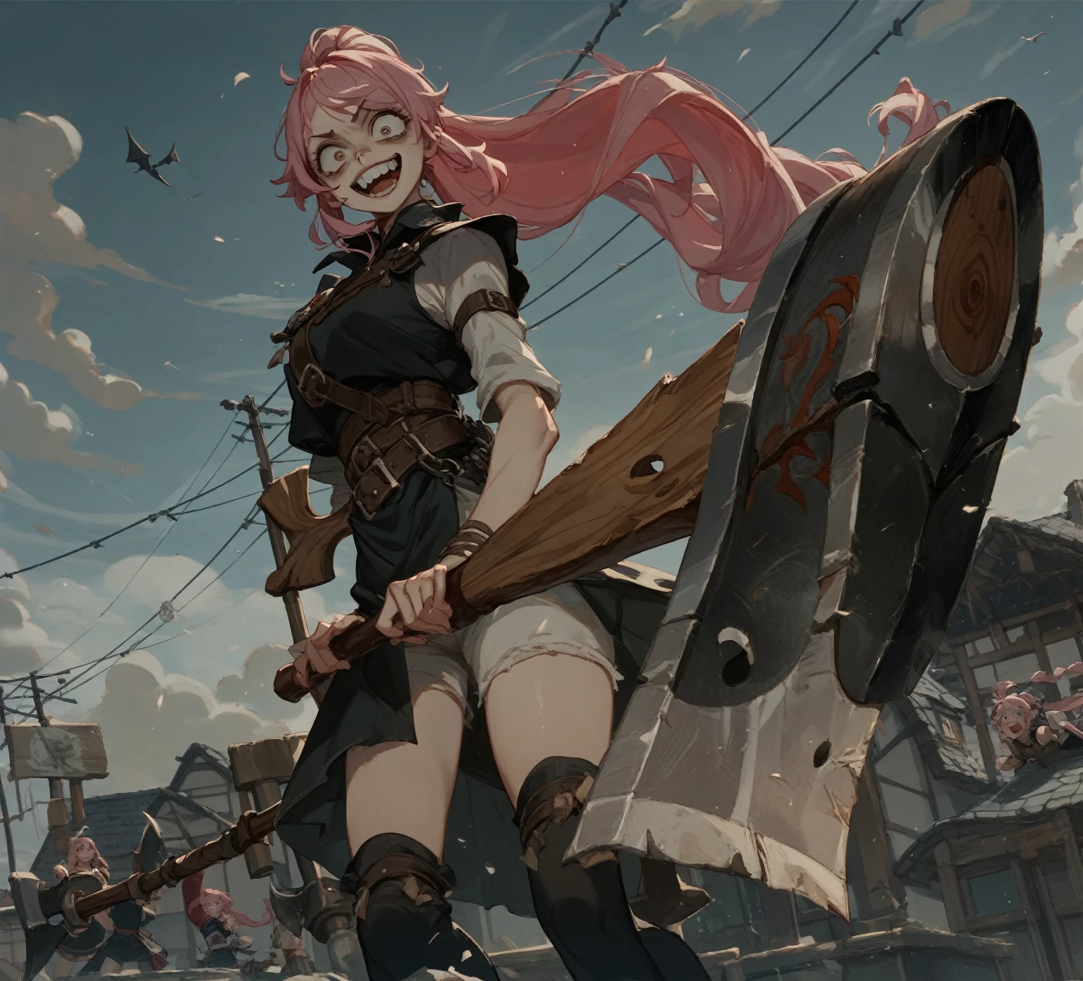 Female 1、Pink Hair、Long Hair、ponytail、Holding a single-edged axe、she is having a fire axe, Eyes wide open、Crazy smile、looking at the camera、I&#39;m trying to kill you、cloudy、dead tree、Abandoned house