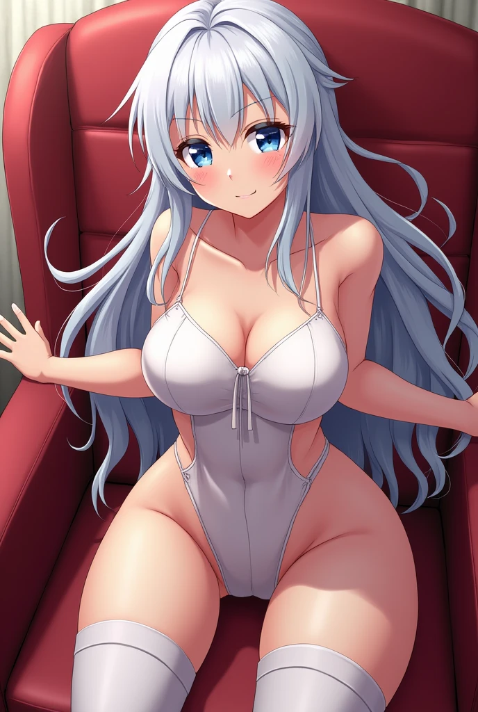 Create a picture of a white haired, blue eyed, big thighs, big breasted girl being gangbanged, anime style.