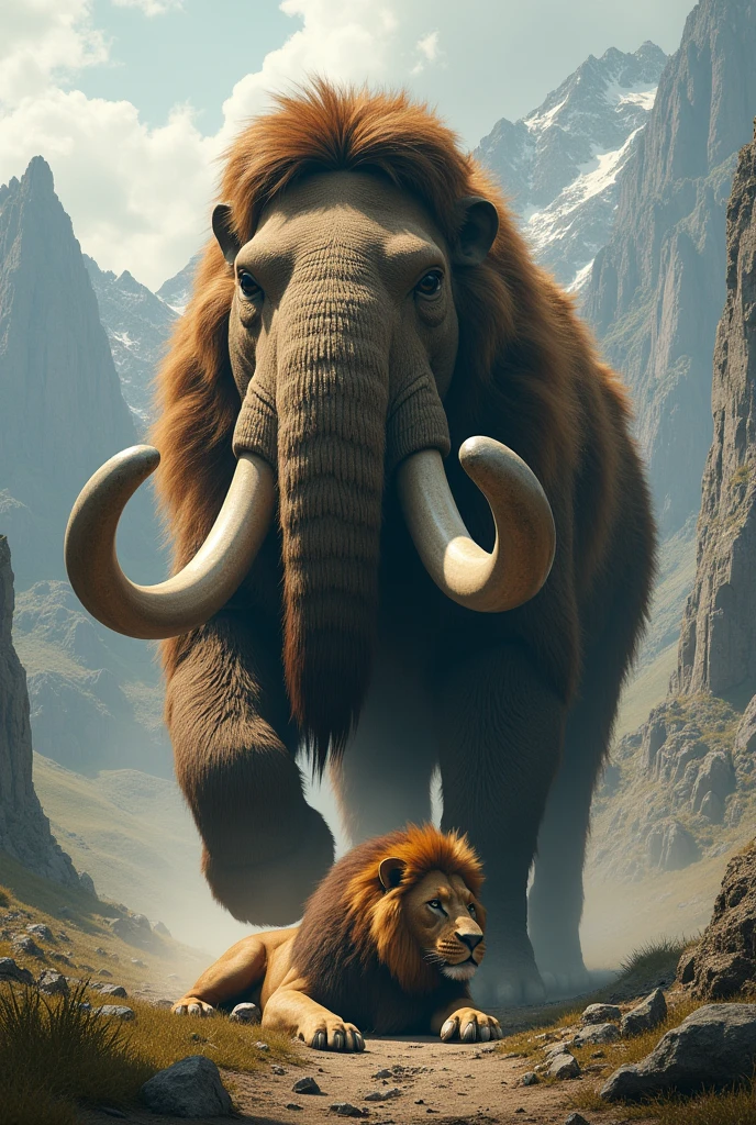 The mammoth win a fight of a the and the is down and and is on the top of lion the is