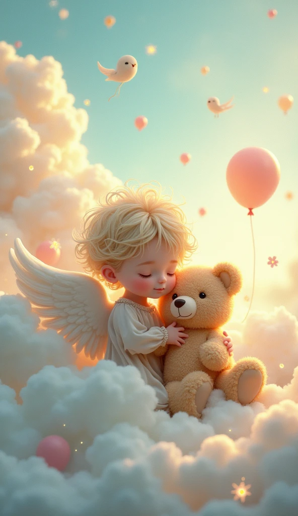 The image portrays a tender and whimsical scene of a young angel  with curly blonde hair, sitting among soft, fluffy clouds. The child is dressed in a light, flowing outfit, and appears to be deeply engaged with a small, plush teddy bear. The background is filled with pastel-colored clouds, floating balloons, and softly glowing lights, giving the scene a serene, dreamy quality. Small, fluttering creatures, possibly fairies or birds, add a magical touch to the atmosphere, making the entire scene feel like a peaceful moment in a fantasy world.