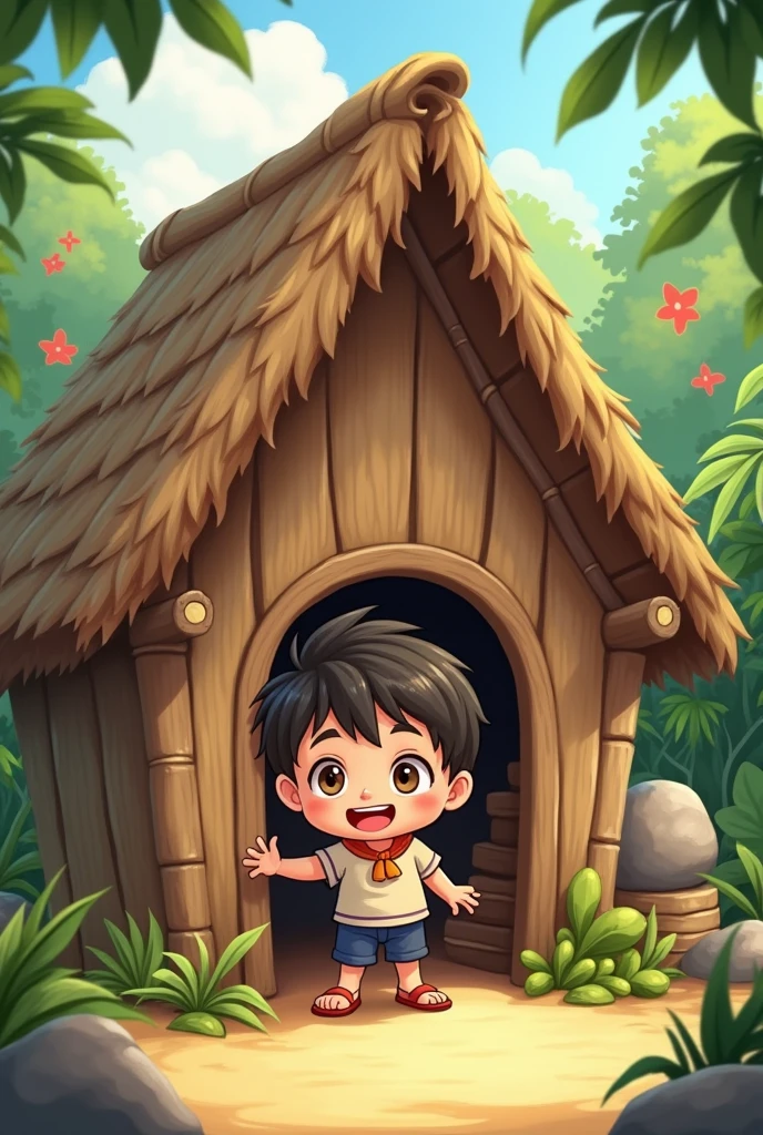 Chibi male looking a bahay kubo drawing 