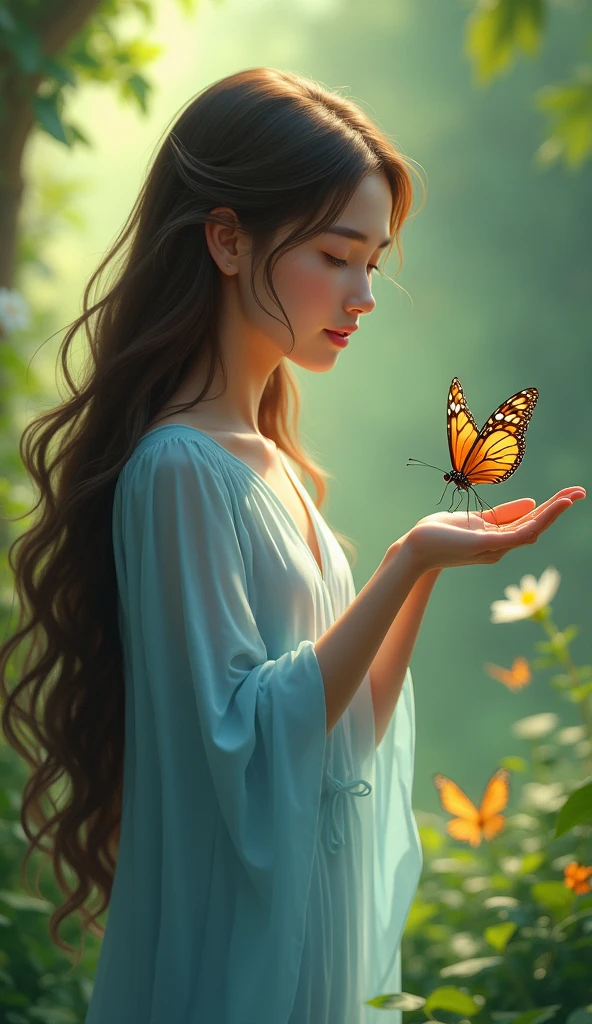 Aisha A named Aisha with long brown hair and wearing a light blue dress, stands still, holding out her hand, where the butterfly has gently landed. She gazes at it with wide eyes and a soft smile, feeling a special connection. The butterfly is perched on her palm, its wings gently moving. The background shows the garden around her, filled with greenery and soft light.